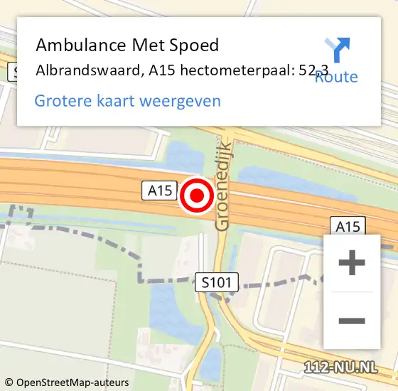 Locatie op kaart van de 112 melding: Ambulance Met Spoed Naar Albrandswaard, A15 hectometerpaal: 52,3 op 18 april 2023 18:38