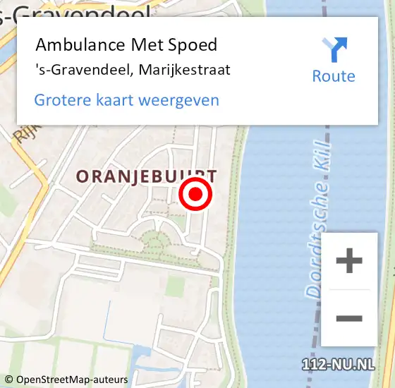 Locatie op kaart van de 112 melding: Ambulance Met Spoed Naar 's-Gravendeel, Marijkestraat op 18 april 2023 22:51