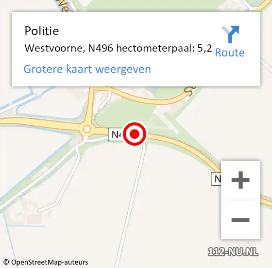 Locatie op kaart van de 112 melding: Politie Westvoorne, N496 hectometerpaal: 5,2 op 19 april 2023 06:04