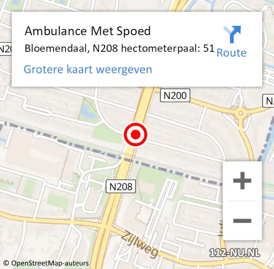 Locatie op kaart van de 112 melding: Ambulance Met Spoed Naar Bloemendaal, N208 hectometerpaal: 51 op 19 april 2023 06:48