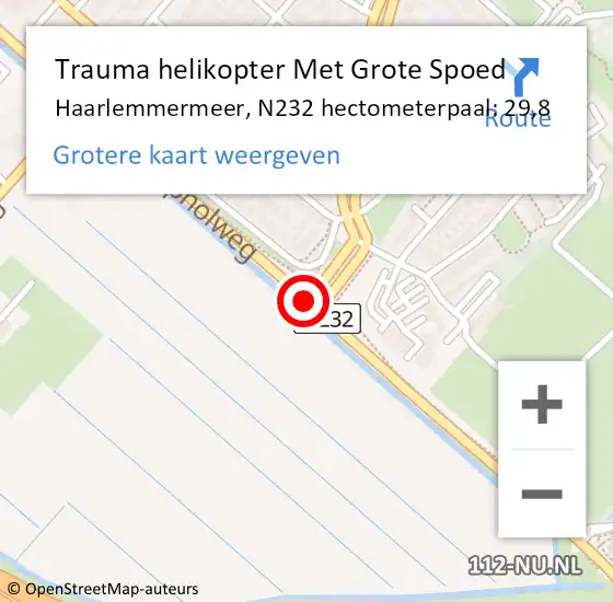 Locatie op kaart van de 112 melding: Trauma helikopter Met Grote Spoed Naar Haarlemmermeer, N232 hectometerpaal: 29,8 op 19 april 2023 07:43