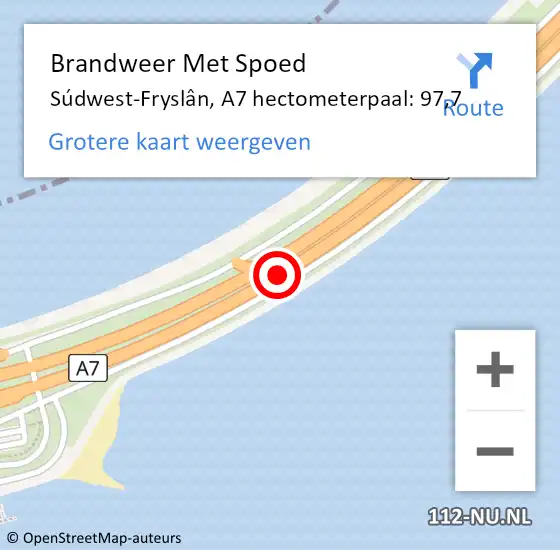 Locatie op kaart van de 112 melding: Brandweer Met Spoed Naar Súdwest-Fryslân, A7 hectometerpaal: 97,7 op 19 april 2023 09:12