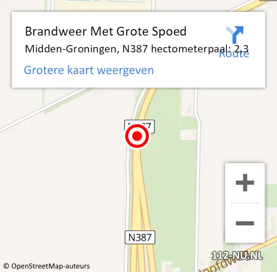 Locatie op kaart van de 112 melding: Brandweer Met Grote Spoed Naar Midden-Groningen, N387 hectometerpaal: 2,3 op 19 april 2023 11:32