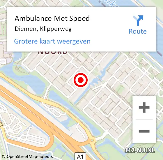 Locatie op kaart van de 112 melding: Ambulance Met Spoed Naar Diemen, Klipperweg op 19 april 2023 15:21