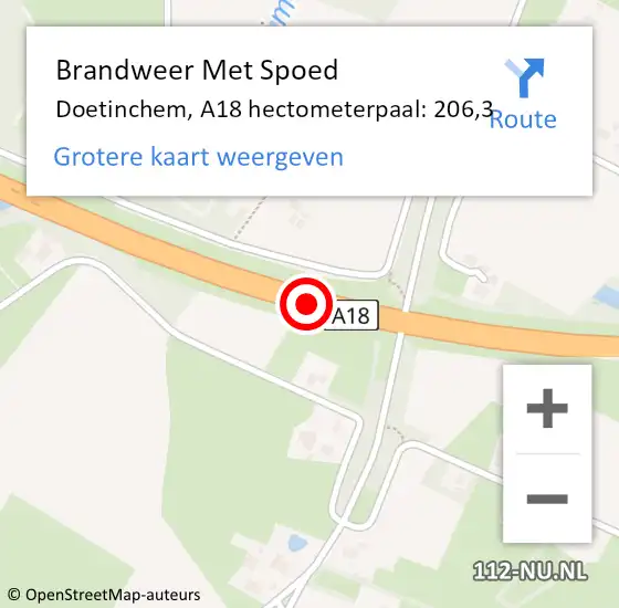 Locatie op kaart van de 112 melding: Brandweer Met Spoed Naar Doetinchem, A18 hectometerpaal: 206,3 op 19 april 2023 15:58
