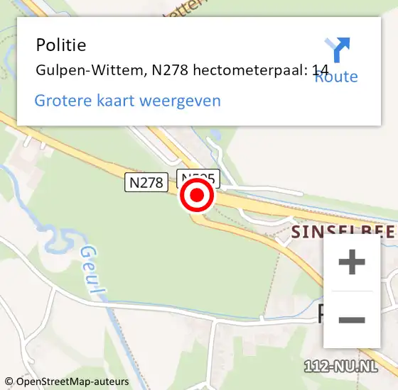 Locatie op kaart van de 112 melding: Politie Gulpen-Wittem, N278 hectometerpaal: 14 op 19 april 2023 17:15