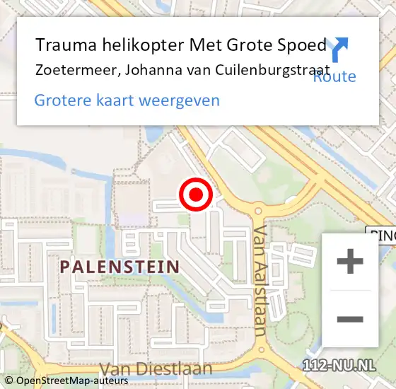 Locatie op kaart van de 112 melding: Trauma helikopter Met Grote Spoed Naar Zoetermeer, Johanna van Cuilenburgstraat op 19 april 2023 18:25