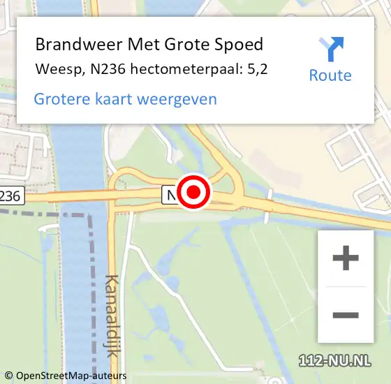 Locatie op kaart van de 112 melding: Brandweer Met Grote Spoed Naar Weesp, N236 hectometerpaal: 5,2 op 19 april 2023 18:28