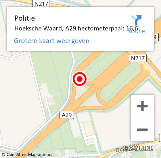 Locatie op kaart van de 112 melding: Politie Hoeksche Waard, A29 hectometerpaal: 16,6 op 19 april 2023 18:33