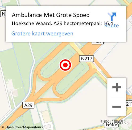 Locatie op kaart van de 112 melding: Ambulance Met Grote Spoed Naar Hoeksche Waard, A29 hectometerpaal: 16,4 op 19 april 2023 22:19
