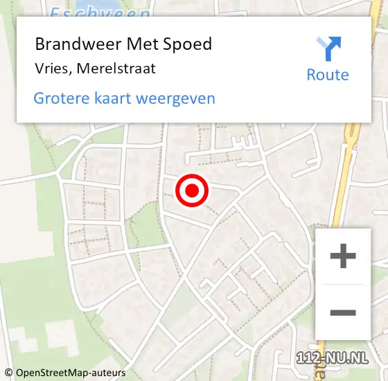 Locatie op kaart van de 112 melding: Brandweer Met Spoed Naar Vries, Merelstraat op 20 april 2023 00:50