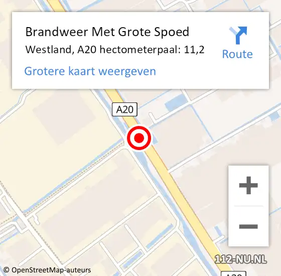 Locatie op kaart van de 112 melding: Brandweer Met Grote Spoed Naar Westland, A20 hectometerpaal: 11,2 op 20 april 2023 08:42