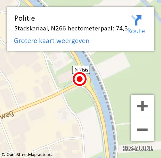 Locatie op kaart van de 112 melding: Politie Stadskanaal, N266 hectometerpaal: 74,3 op 20 april 2023 08:42