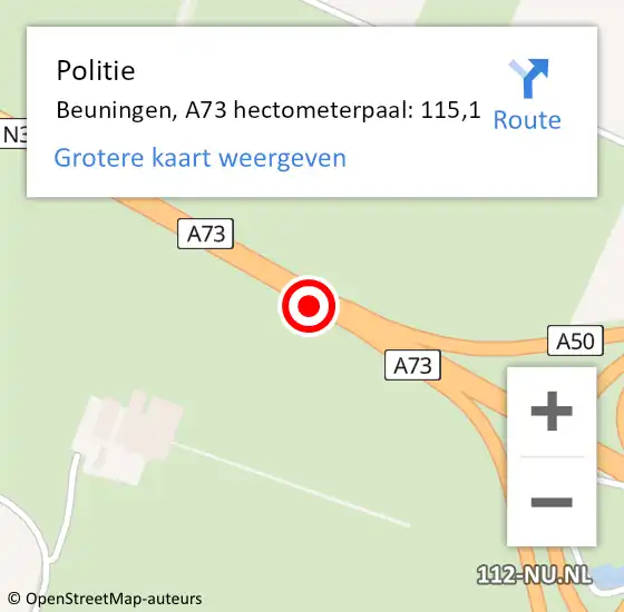 Locatie op kaart van de 112 melding: Politie Beuningen, A73 hectometerpaal: 115,1 op 20 april 2023 09:02
