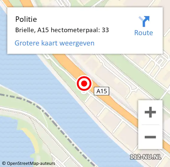 Locatie op kaart van de 112 melding: Politie Brielle, A15 hectometerpaal: 33 op 20 april 2023 09:27