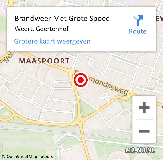 Locatie op kaart van de 112 melding: Brandweer Met Grote Spoed Naar Weert, Geertenhof op 20 april 2023 11:59