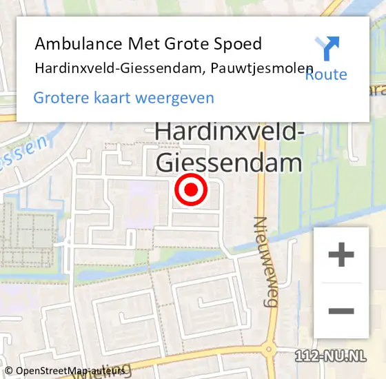 Locatie op kaart van de 112 melding: Ambulance Met Grote Spoed Naar Hardinxveld-Giessendam, Pauwtjesmolen op 20 april 2023 13:47