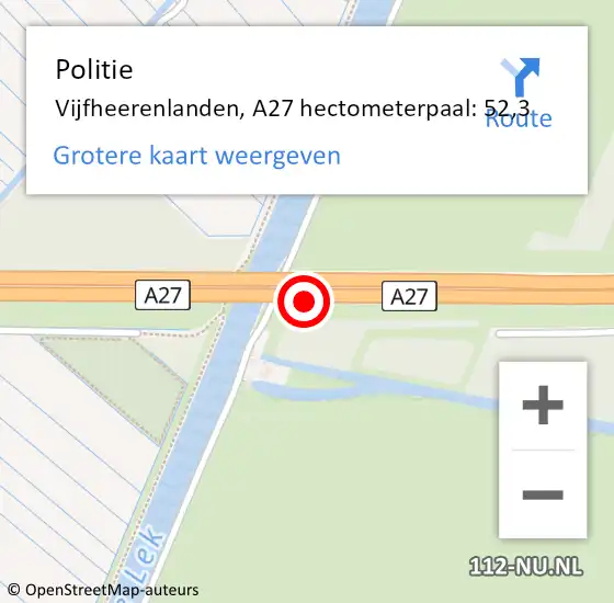 Locatie op kaart van de 112 melding: Politie Vijfheerenlanden, A27 hectometerpaal: 52,3 op 20 april 2023 14:48