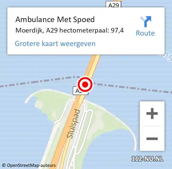 Locatie op kaart van de 112 melding: Ambulance Met Spoed Naar Moerdijk, A29 hectometerpaal: 97,4 op 20 april 2023 14:57