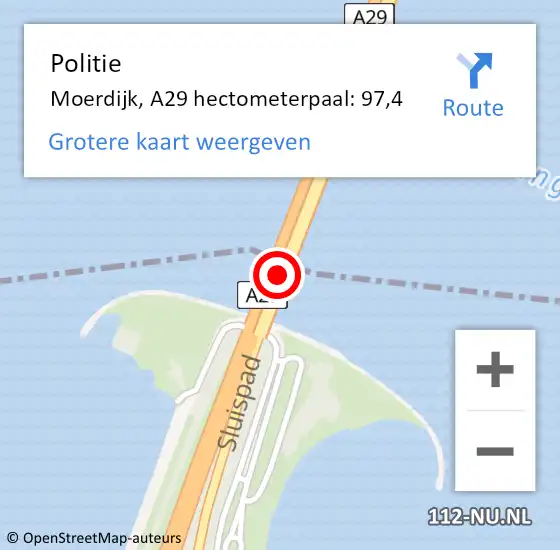 Locatie op kaart van de 112 melding: Politie Moerdijk, A29 hectometerpaal: 97,4 op 20 april 2023 15:08