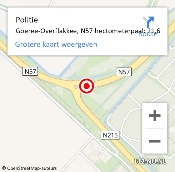 Locatie op kaart van de 112 melding: Politie Goeree-Overflakkee, N57 hectometerpaal: 21,6 op 20 april 2023 15:58