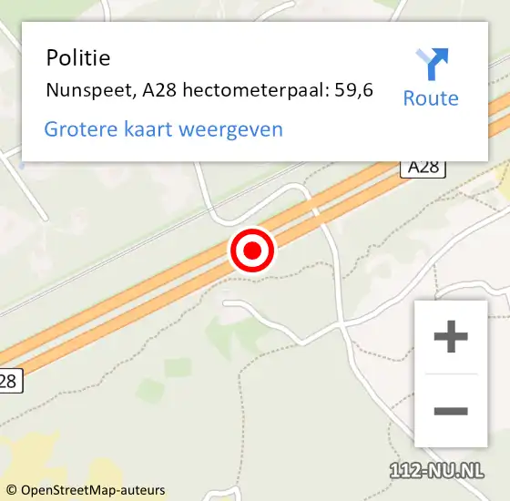 Locatie op kaart van de 112 melding: Politie Nunspeet, A28 hectometerpaal: 59,6 op 20 april 2023 16:51