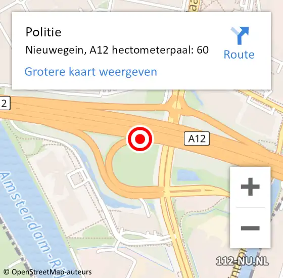 Locatie op kaart van de 112 melding: Politie Nieuwegein, A12 hectometerpaal: 60 op 20 april 2023 18:37