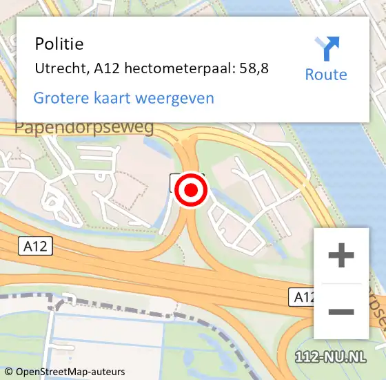 Locatie op kaart van de 112 melding: Politie Utrecht, A12 hectometerpaal: 58,8 op 20 april 2023 18:39