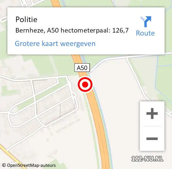 Locatie op kaart van de 112 melding: Politie Bernheze, A50 hectometerpaal: 126,7 op 20 april 2023 18:57