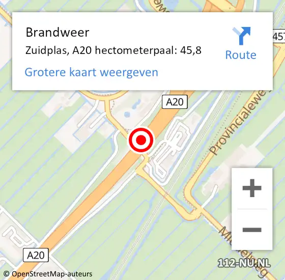 Locatie op kaart van de 112 melding: Brandweer Zuidplas, A20 hectometerpaal: 45,8 op 20 april 2023 19:09