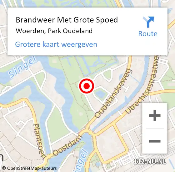 Locatie op kaart van de 112 melding: Brandweer Met Grote Spoed Naar Woerden, Park Oudeland op 20 april 2023 22:17