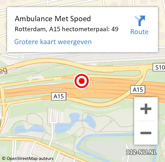 Locatie op kaart van de 112 melding: Ambulance Met Spoed Naar Rotterdam, A15 hectometerpaal: 49 op 21 april 2023 02:44