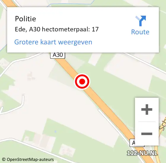 Locatie op kaart van de 112 melding: Politie Ede, A30 hectometerpaal: 17 op 21 april 2023 05:14