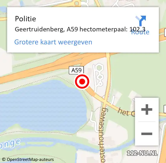 Locatie op kaart van de 112 melding: Politie Geertruidenberg, A59 hectometerpaal: 102,3 op 21 april 2023 09:04