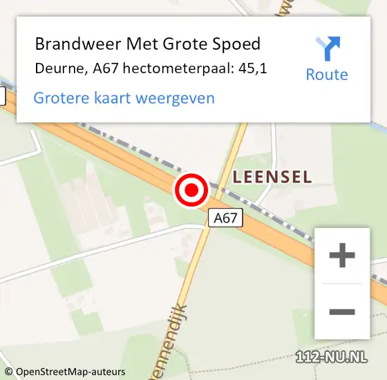 Locatie op kaart van de 112 melding: Brandweer Met Grote Spoed Naar Deurne, A67 hectometerpaal: 45,1 op 21 april 2023 09:14
