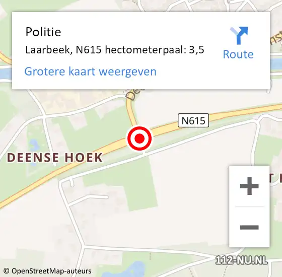 Locatie op kaart van de 112 melding: Politie Laarbeek, N615 hectometerpaal: 3,5 op 21 april 2023 10:45