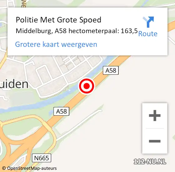 Locatie op kaart van de 112 melding: Politie Met Grote Spoed Naar Middelburg, A58 hectometerpaal: 163,5 op 21 april 2023 11:17
