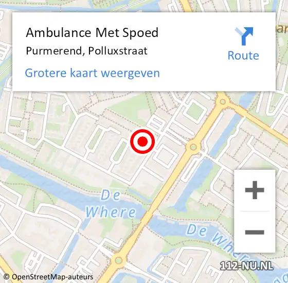Locatie op kaart van de 112 melding: Ambulance Met Spoed Naar Purmerend, Polluxstraat op 21 april 2023 12:22