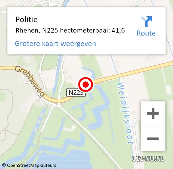 Locatie op kaart van de 112 melding: Politie Rhenen, N225 hectometerpaal: 41,6 op 21 april 2023 16:49