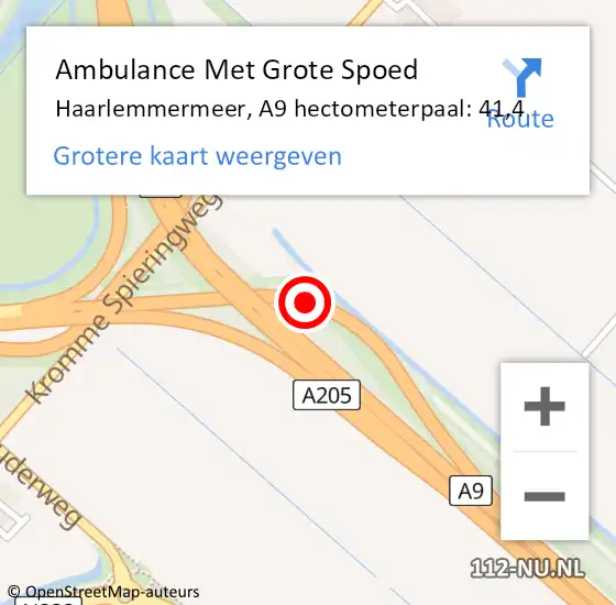 Locatie op kaart van de 112 melding: Ambulance Met Grote Spoed Naar Haarlemmermeer, A9 hectometerpaal: 41,4 op 21 april 2023 16:56