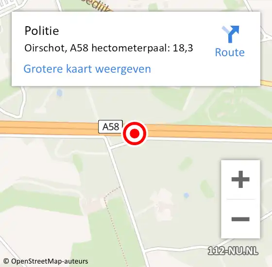 Locatie op kaart van de 112 melding: Politie Oirschot, A58 hectometerpaal: 18,3 op 21 april 2023 17:24
