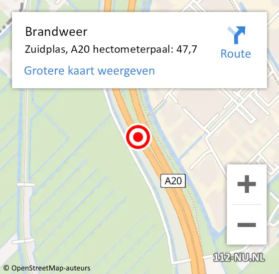 Locatie op kaart van de 112 melding: Brandweer Zuidplas, A20 hectometerpaal: 47,7 op 21 april 2023 17:49