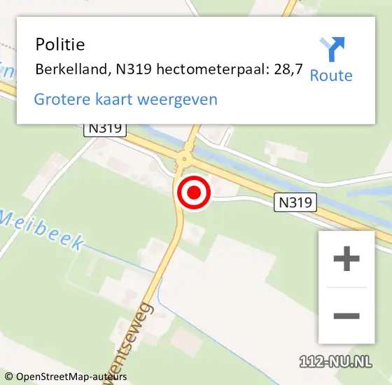 Locatie op kaart van de 112 melding: Politie Berkelland, N319 hectometerpaal: 28,7 op 21 april 2023 17:59