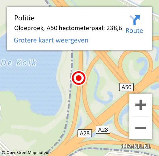 Locatie op kaart van de 112 melding: Politie Oldebroek, A50 hectometerpaal: 238,6 op 21 april 2023 18:05