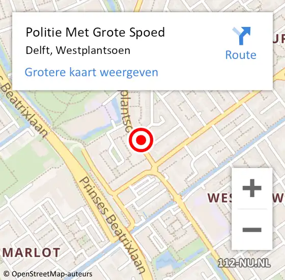 Locatie op kaart van de 112 melding: Politie Met Grote Spoed Naar Delft, Westplantsoen op 21 april 2023 18:24