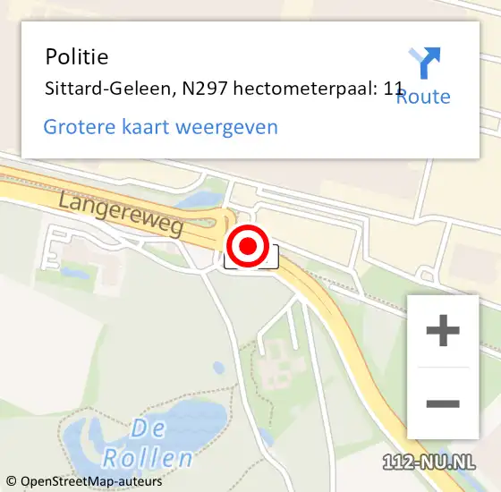 Locatie op kaart van de 112 melding: Politie Sittard-Geleen, N297 hectometerpaal: 11 op 21 april 2023 19:47