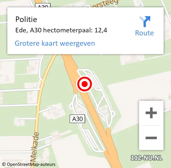 Locatie op kaart van de 112 melding: Politie Ede, A30 hectometerpaal: 12,4 op 21 april 2023 20:22