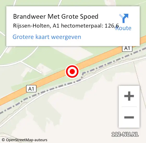 Locatie op kaart van de 112 melding: Brandweer Met Grote Spoed Naar Rijssen-Holten, A1 hectometerpaal: 126,6 op 21 april 2023 20:58