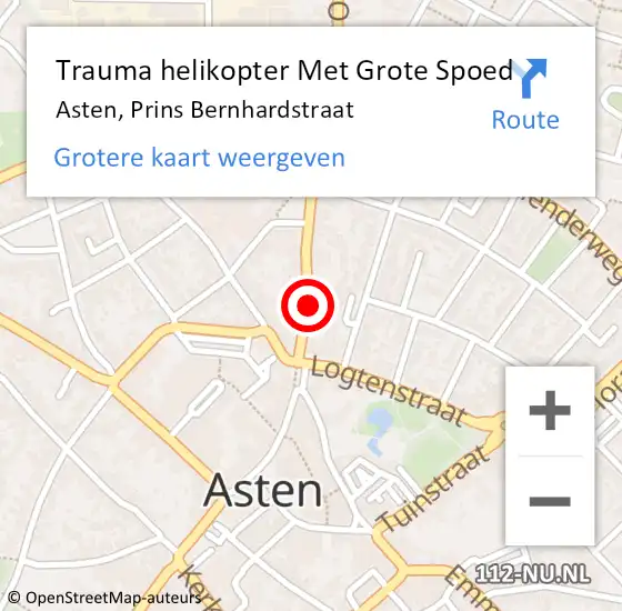 Locatie op kaart van de 112 melding: Trauma helikopter Met Grote Spoed Naar Asten, Prins Bernhardstraat op 21 april 2023 21:27
