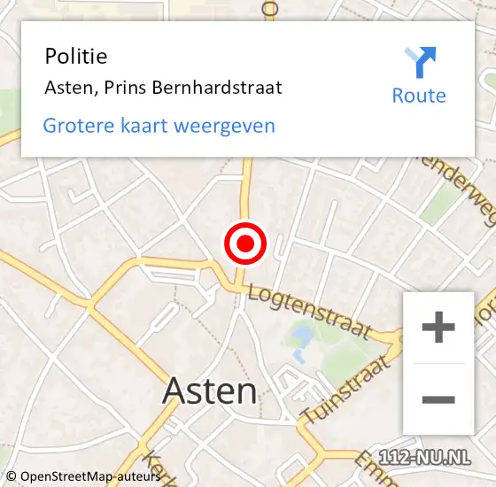 Locatie op kaart van de 112 melding: Politie Asten, Prins Bernhardstraat op 21 april 2023 21:29